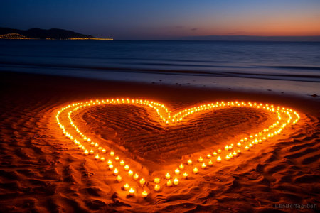 Heart-shaped candles on the beach at sunset. Love concept.の素材