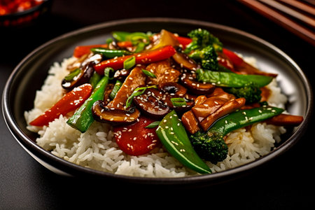 Rice with stir-fried vegetables and mushrooms. Shallow dof.の素材