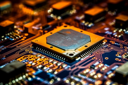 circuit board. Electronic computer hardware technology. Motherboard digital chip. Tech science background. Integrated communication processor. Information engineering component.の素材
