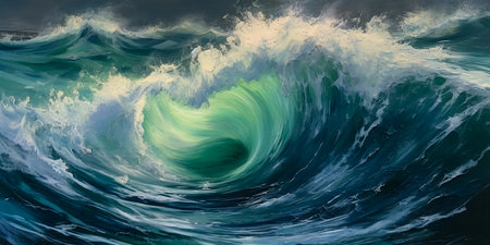 3D illustration of a blue ocean wave with white and green foamの素材