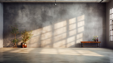Interior of modern empty room with wooden bench and plant in potの素材