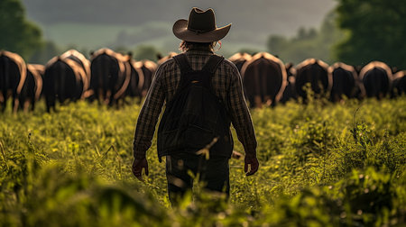 Cowboy walking in the meadow with herd of cows at sunsetの素材
