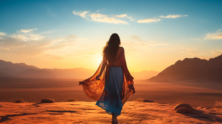 Beautiful woman in the desert at sunset. 3d rendering.の素材
