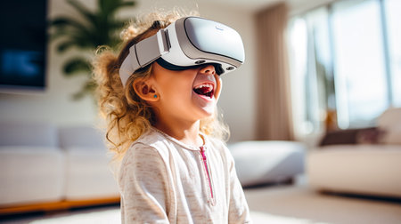 Cute little girl wearing virtual reality goggles in the living room.の素材