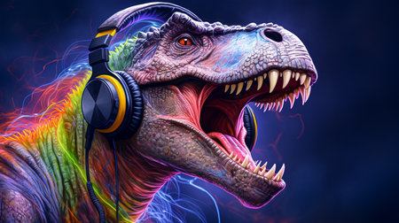 Dinosaur with headphones listening to music. 3D rendering. Music concept.の素材