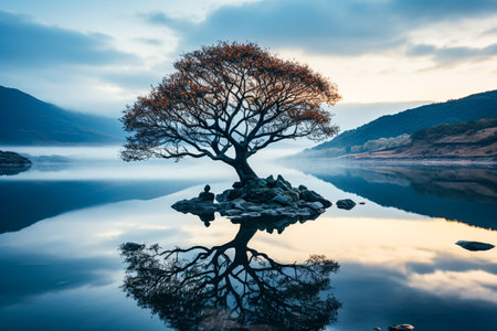Lonely tree reflected in the lake at sunrise, Lake District, England, UKの素材