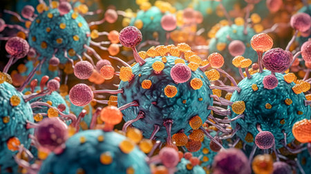 3d render of virus cells on colorful background. Microscopic viewの素材