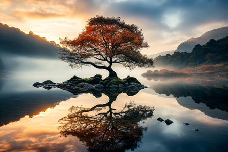 Beautiful landscape image of a tree in the morning with reflection in waterの素材