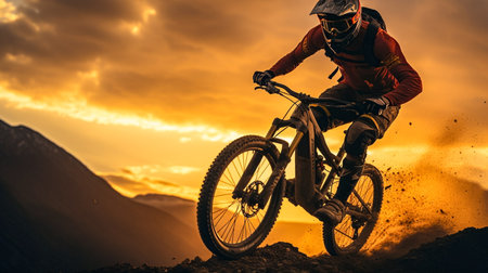Mountain bike rider on the road in the mountains at sunset.の素材