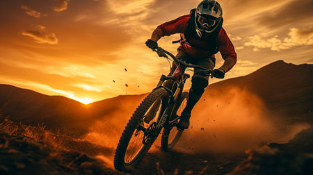 Cyclist Riding the Mountain Bike on the Rocky Trail at Sunset. Extreme sports concept.の素材