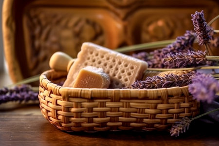Lavender soap in a wicker basket on a wooden tableの素材
