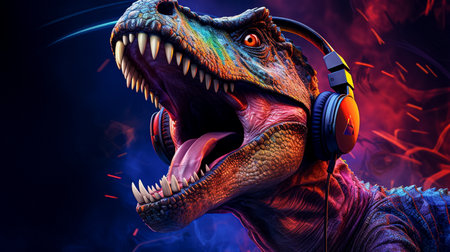 dinosaur listening to music with headphones on a dark background. 3d illustrationの素材