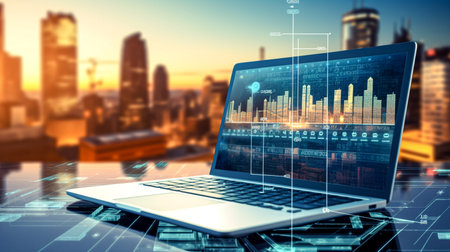 Laptop with digital business interface over cityscape background 3D renderingの素材