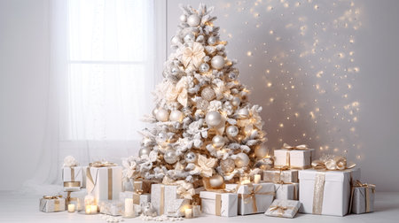 White Christmas tree with gifts and lights on a white background. 3d renderingの素材