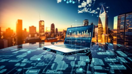 Laptop with digital business graph on blurry city background. Technology and innovation concept. Double exposureの素材