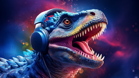 Dinosaur head with headphones. 3d illustration. Music concept.の素材