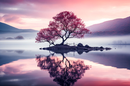 Beautiful landscape image of a lake with a tree in the foregroundの素材