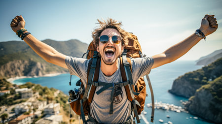Happy backpacker with raised arms on the background of the sea and mountainsの素材