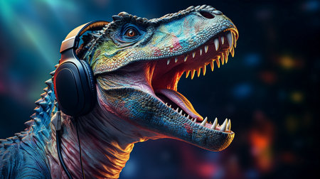 dinosaur listening to music with headphones on dark background. 3d illustrationの素材