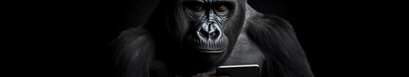 Panoramic shot of gorilla holding mobile phone isolated on black backgroundの素材