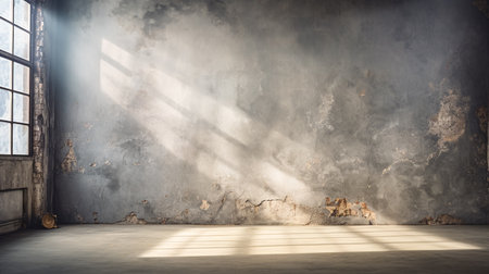Grungy concrete interior with window and sunlight. 3D renderingの素材