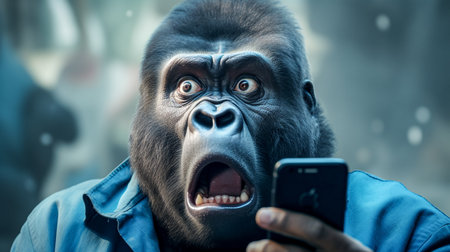 Angry gorilla with mobile phone in his hands. Aggressive gorilla.の素材