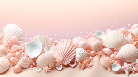 Seashells on pink background with copy space. 3d illustrationの素材