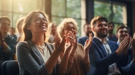 Group of business people applauding during a conference in the office.の素材