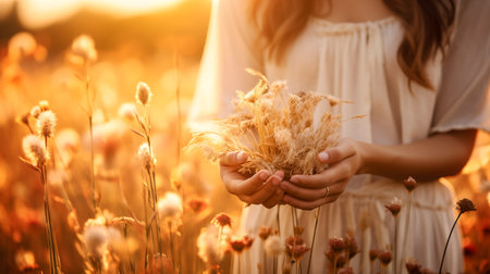 Beautiful young woman with dry flowers in the field at sunset.の素材