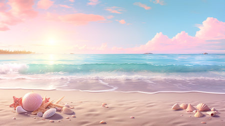 Beautiful seascape with seashells and starfish. 3d renderingの素材