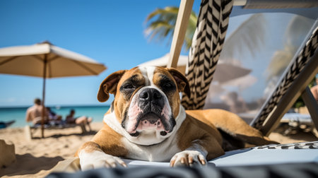 Portrait of a boxer dog laying on the sunbed at the beachの素材