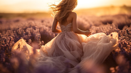 Beautiful bride in lavender field at sunset. Blonde girl in a white wedding dress.の素材