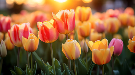 Colorful tulip flowers blooming in the garden at sunset.の素材
