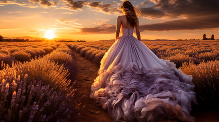 Beautiful bride on the lavender field at sunset. Wedding dressの素材