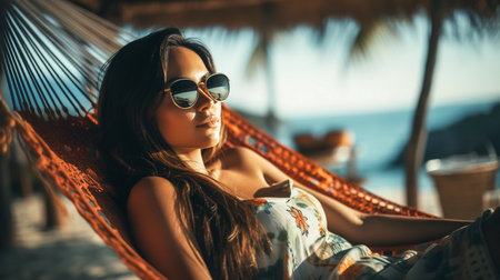 Beautiful asian woman relaxing in hammock on the beach.の素材