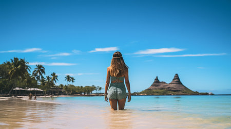 Young woman on a tropical beach in Bali, Indonesia. Travel conceptの素材