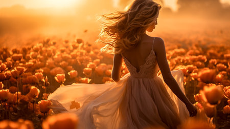 Beautiful bride in a field of tulips. Wedding dress.の素材