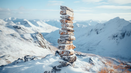 Stacked stones on top of mountain range in winter, Caucasus, Russiaの素材