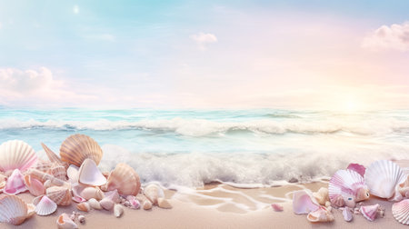 Sea background with seashells and sand. Summer vacation concept.の素材