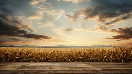Wheat field at sunset with wooden planks floor and mountain backgroundの素材