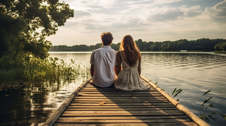 Young couple sitting on a wooden pier by the lake at sunset.の素材