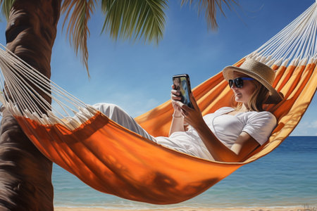 Woman in hat lying in hammock and using smartphone on the beachの素材