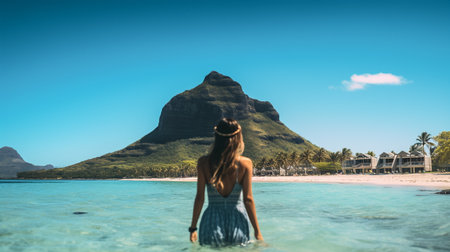 Rear view of a young woman in a dress standing in the water and looking at the island of Mauritiusの素材