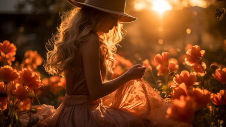 Beautiful girl in a hat sits in a field of tulips.の素材
