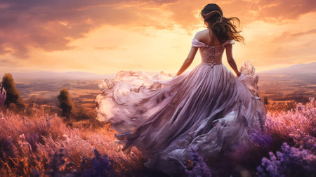Beautiful young woman in a long white dress on the background of the mountainsの素材
