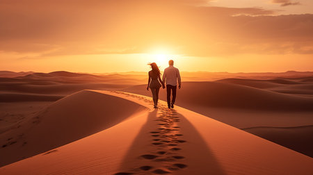 Couple walking in the desert at sunset. Conceptual image.の素材