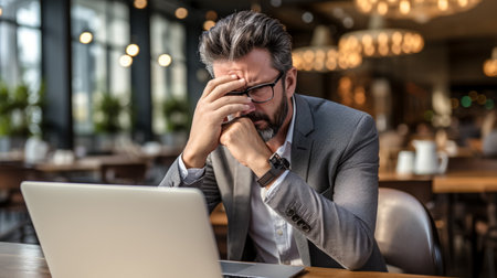 stressed businessman working on laptop in cafe, concept of burnoutの素材
