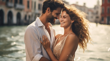 Beautiful young couple hugging and smiling while spending time together in Venice, Italyの素材