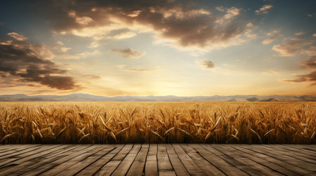 Sunset over wheat field with blue sky and clouds, 3d renderの素材