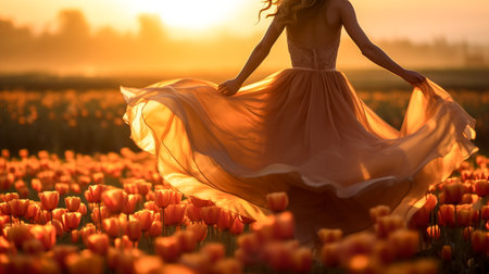 Young woman in tulip field at sunset. Beautiful young woman in a long white dress.の素材